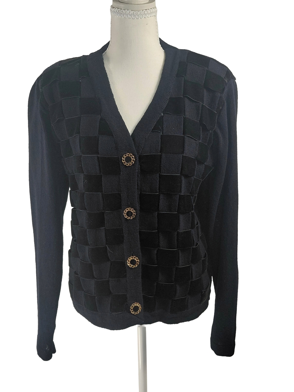 VTG Black Woven-Texture Button Front Cardigan Sweater Sz M